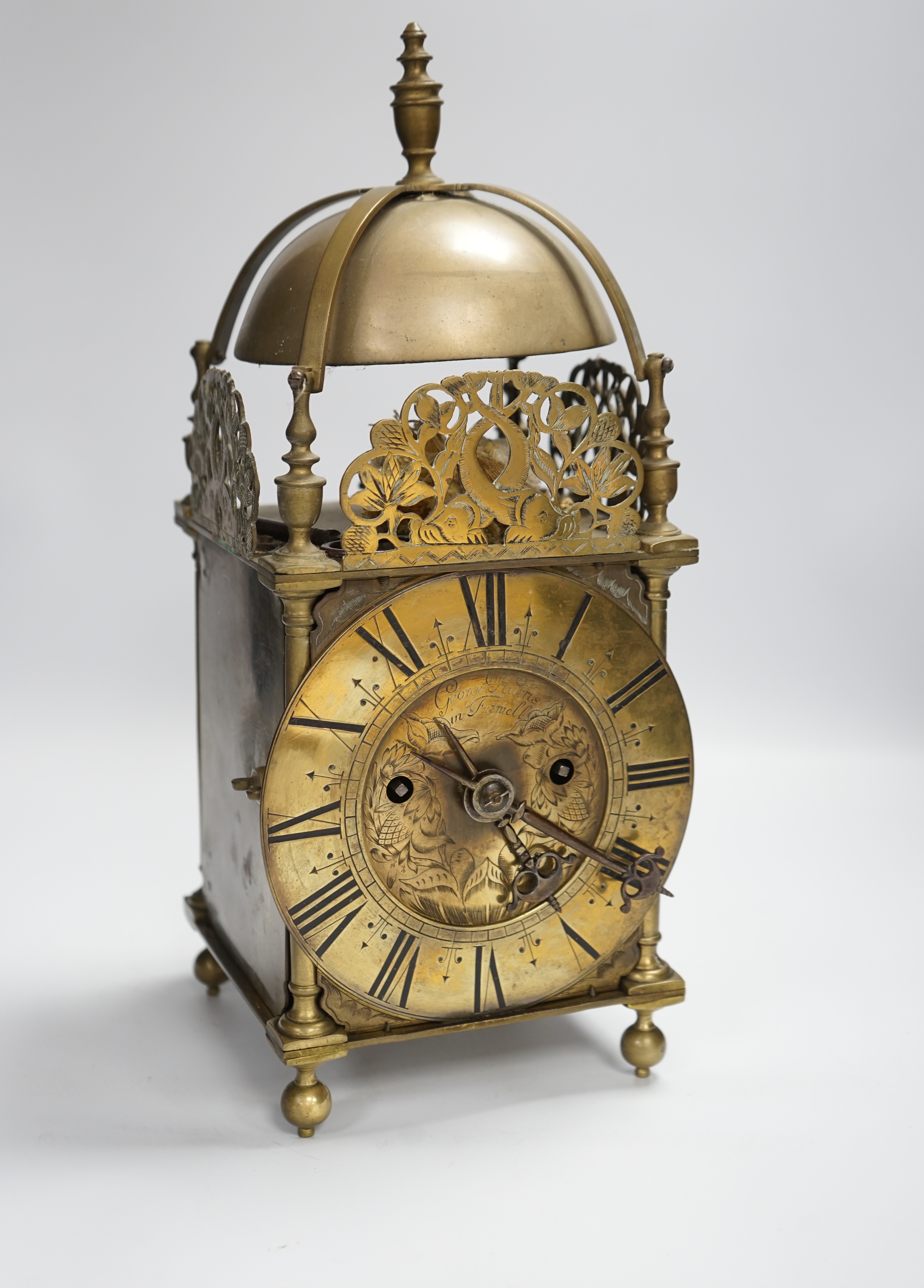 19th century brass lantern clock, dial signed George Harris in Fritwell, with two train fusee movement, 38cm high